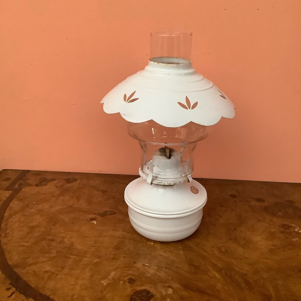 Vintage  Lamplight Farms Metal Oil Lamp Punched Flowers Tin  Shade Glass Chimney